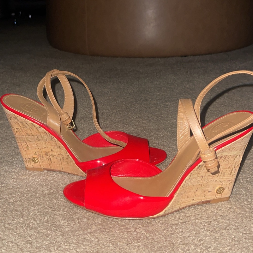 Tory Burch Red and Tan Wedge Sandals